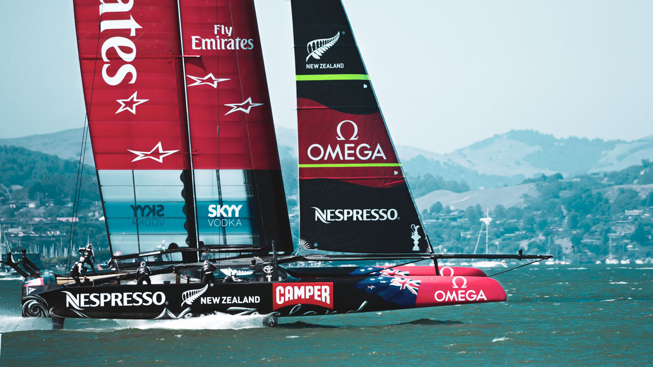 Team NZ catamaran travelling at speed